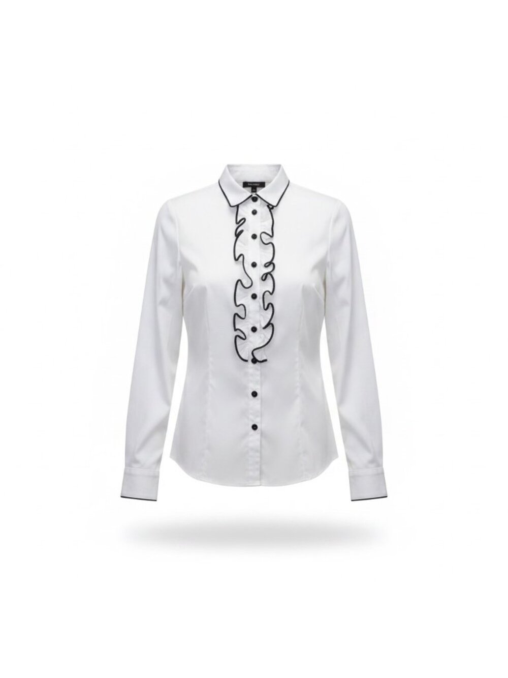 Gorsuch Womens White Button-Up Shirt With Blue Trim Ruffle Details Size 42